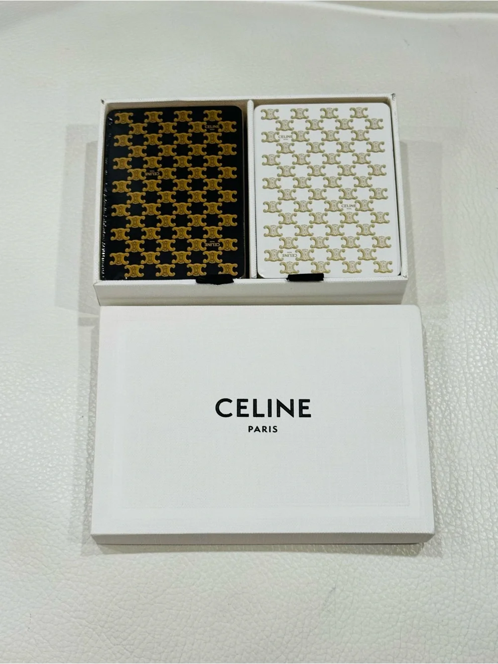 CELINE Black & White Patterned Playing Cards in Box - Gold Accents